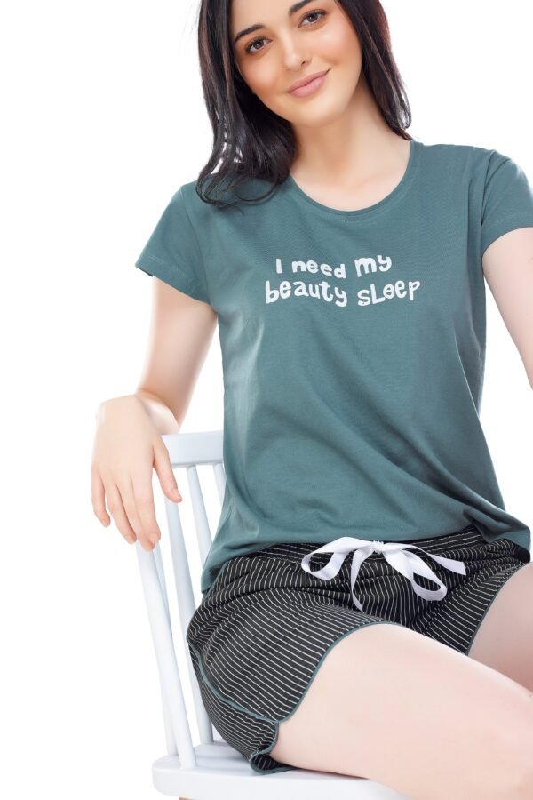 Women's Cotton Green Striped Printed Shorts Set