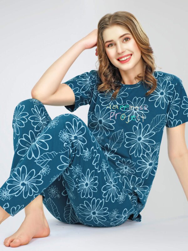 Women's Teal Blue Floral Printed Cotton Night Dress of Top and Pajama set