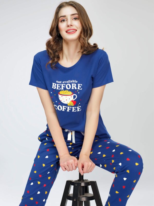 Women's Blue Heart Printed Cotton Night Dress of Top and Pajama set
