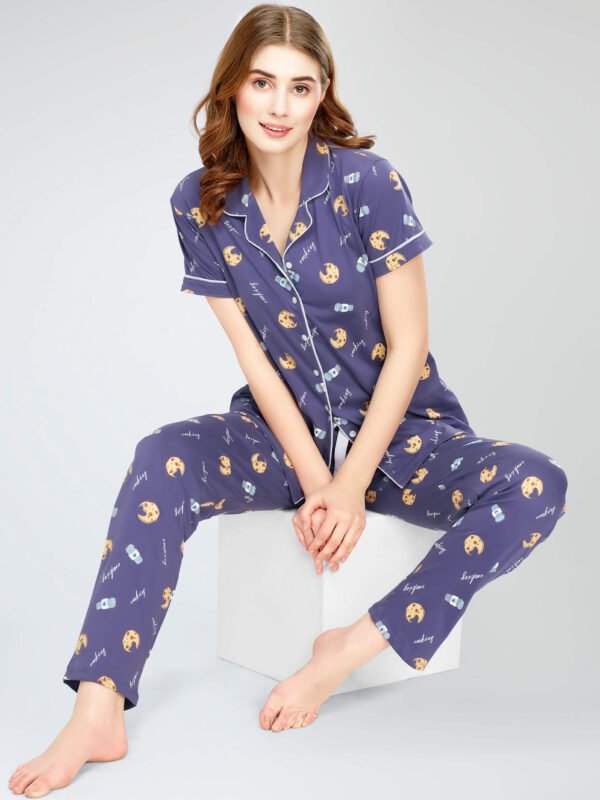 Women's Blue Cookies & Cup Printed Cotton Night Dress of Shirt and Pajama set